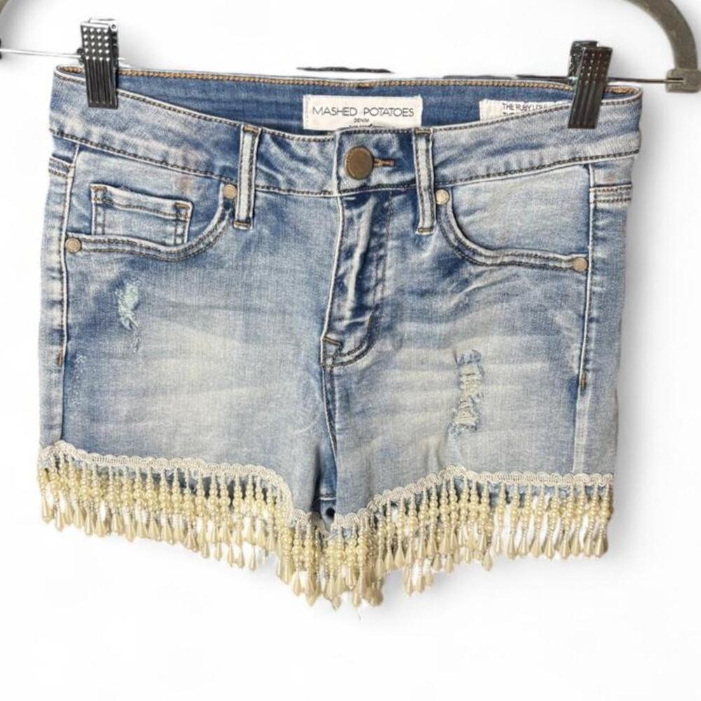 Mashed Potatoes Pearl Fringe Denim Shorts Size 5 26 Distressed Denim Jorts